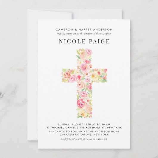 Feminine Waterverf Spring Floral Cross Baptisme Kaart (Voorkant)