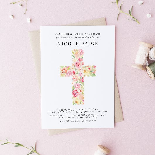 Feminine Waterverf Spring Floral Cross Baptisme Kaart