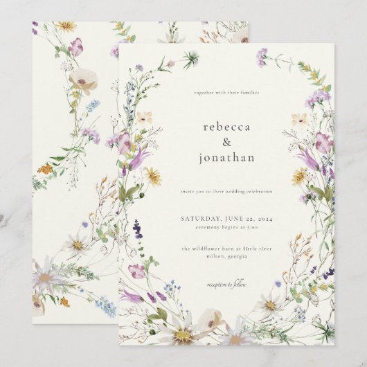 Feminine Wildflower Wedding Invitation Spring Kaart (Voorkant / Achterkant)