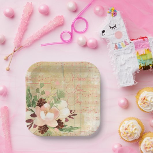 Feminine Winter Bouquet in Blush Pink Kerstmis Papieren Bordje (Feest)