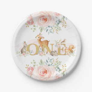 Feminine Woodland 1st Birthday / Pink Gold Floral Papieren Bordje