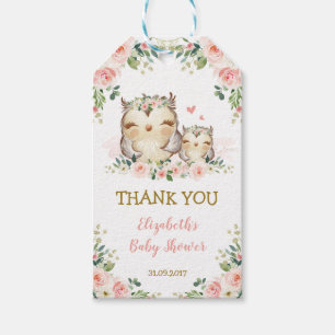 Feminine Woodland Owl Pink Floral Baby shower Cadeaulabel