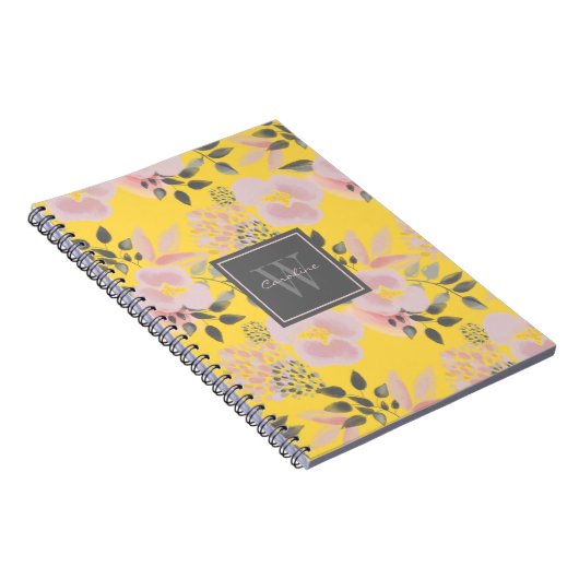 Feminine Yellow Pink Gray Floral with Monogram Notitieboek (Rechterzijde)