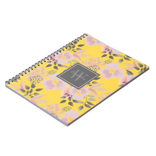 Feminine Yellow Pink Gray Floral with Monogram Notitieboek (Linkerzijde)