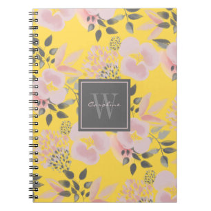 Feminine Yellow Pink Gray Floral with Monogram Notitieboek