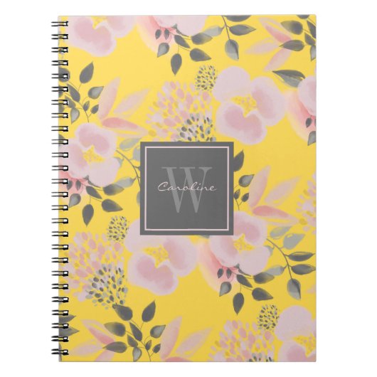 Feminine Yellow Pink Gray Floral with Monogram Notitieboek (Voorkant)