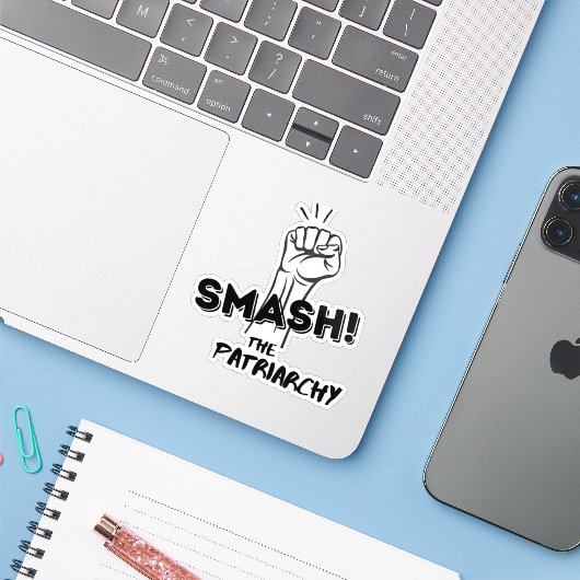 feminist - Smash the Patriarchy - transparant Sticker (Laptop met iPhone)