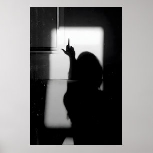 Feministische schaduwprint, middelvinger vrouw, zw poster