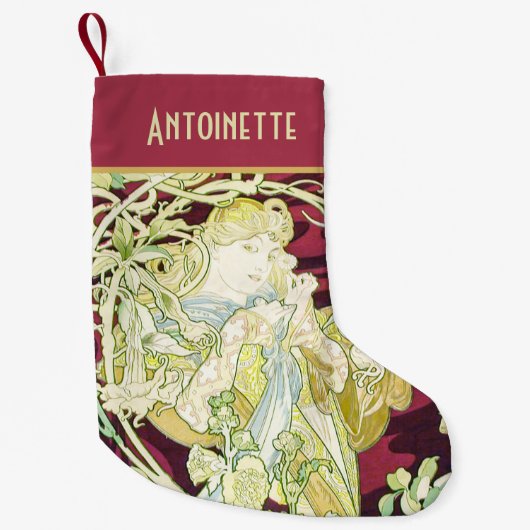 Femme à marguerite - Mucha textielpaneelrepro Kleine Kerstsok (Voorkant)