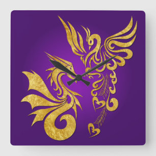 Feng Shui Golden Phoenix & Dragon Clock - paars Vierkante Klok