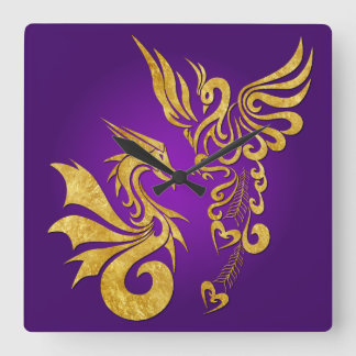 Feng Shui Golden Phoenix & Dragon Clock - paars Vierkante Klok