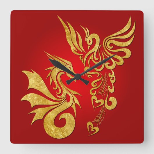 Feng Shui Golden Phoenix & Dragon Clock - red Vierkante Klok (Voorkant)