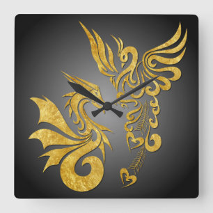 Feng Shui Golden Phoenix & Dragon Clock - zwart Vierkante Klok