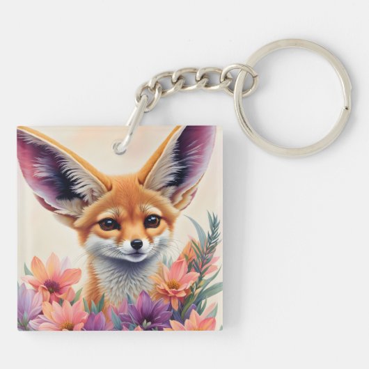 Fennec Fox bloemenportret schilderij Sleutelhanger (Achterkant)