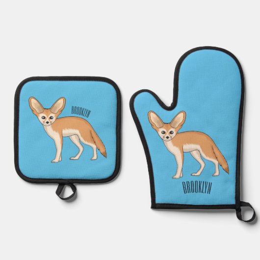 Fennec fox cartoon afbeelding ovenwant & pannenlap set (Voorkant)