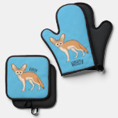 Fennec fox cartoon afbeelding ovenwant & pannenlap set (Voorkant / Achterkant)