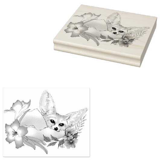 Fennec Fox Flowers Schattige Rubberstempel (Gestempeld)