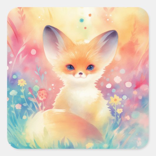 Fennec Fox in een dromerig wildbloemenveld Vierkante Sticker (Voorkant)