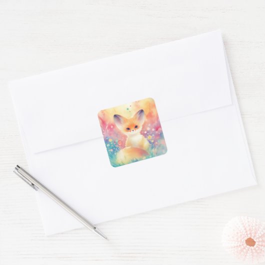 Fennec Fox in een dromerig wildbloemenveld Vierkante Sticker (Envelop)