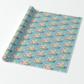 Fennek Vos Roze Paarse Bloemen Mooie Blauwe Boitan Cadeaupapier (Uitgerold)