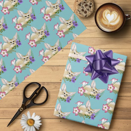 Fennek Vos Roze Paarse Bloemen Mooie Blauwe Boitan Cadeaupapier