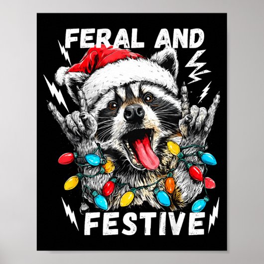 Feral And Festive Funny Christmas Rocker Raccoon S Poster (Voorkant)