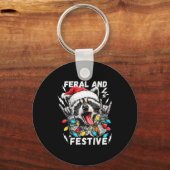Feral And Festive Funny Christmas Rocker Raccoon S Sleutelhanger (Voorkant)