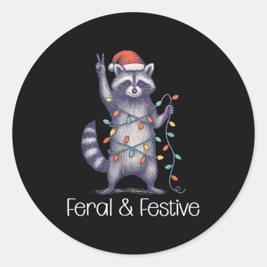 Feral And Festive Raccoon, Funny Christmas  Ronde Sticker (Voorkant)