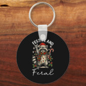 Feral And Festive Raccoon Santa Hat Christmas Ligh Sleutelhanger (Voorkant)