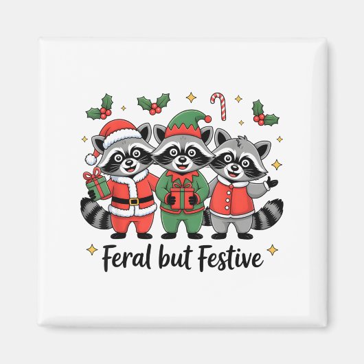 Feral But Festive Funny Christmas Cute Raccoon Elf Magneet (Voorkant)