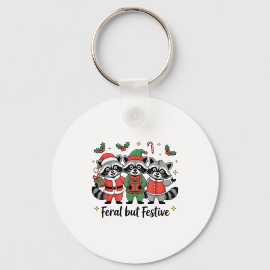 Feral But Festive Funny Christmas Cute Raccoon Elf Sleutelhanger (Voorkant)