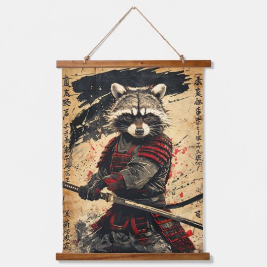 Feral Raccoon Samurai Warrior - Japanse Inktstijl Hangend Wandkleed (Voorkant)