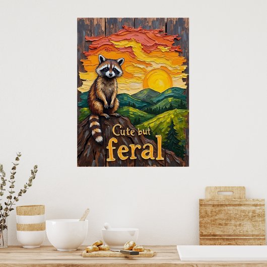 Feral Silhouette: Wasbeer tegen de ondergaande zon Poster (Keuken)