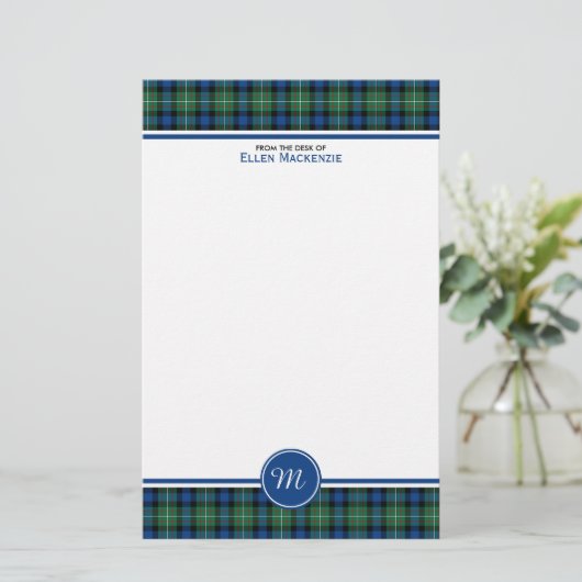 Ferguson Clan Tartan Blauw en Groen Monogram Briefpapier (Staand voorkant)