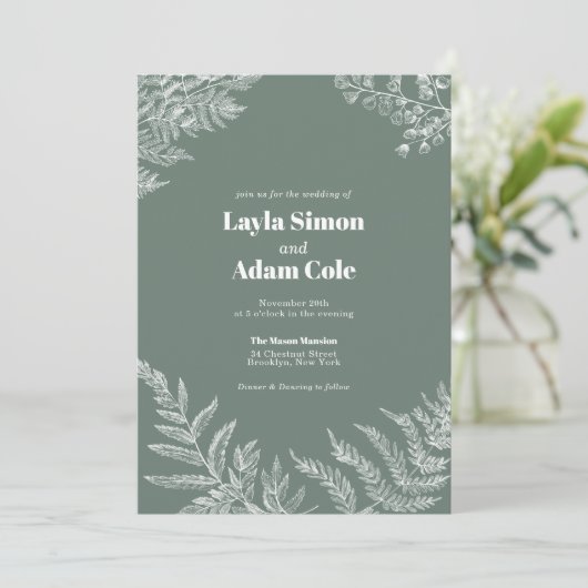Fern Botanical Sage Wedding Invitation Kaart (Staand voorkant)