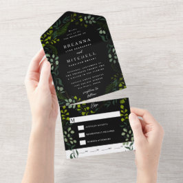 Fern Eucalyptus Hand-Drawn Greenery Black Wedding All In One Uitnodiging