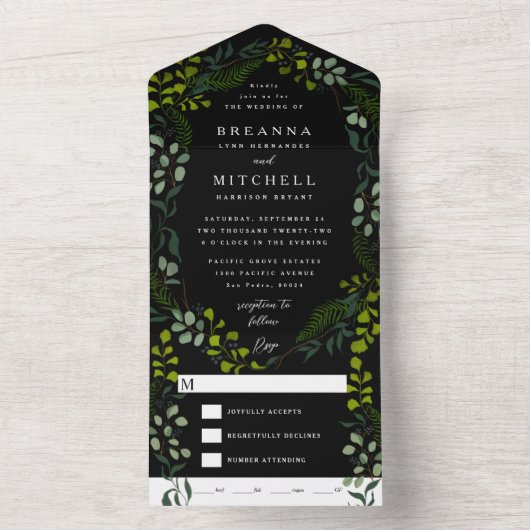 Fern Eucalyptus Hand-Drawn Greenery Black Wedding All In One Uitnodiging (Binnen)