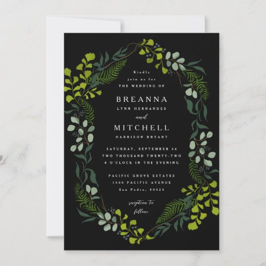 Fern Eucalyptus Hand-Drawn Greenery Black Wedding Kaart (Voorkant)