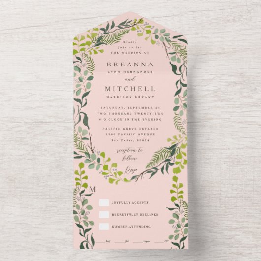 Fern Eucalyptus Hand-Drawn Greenery Blush Pink All In One Uitnodiging (Binnen)