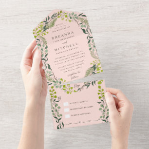 Fern Eucalyptus Hand-Drawn Greenery Blush Pink All In One Uitnodiging