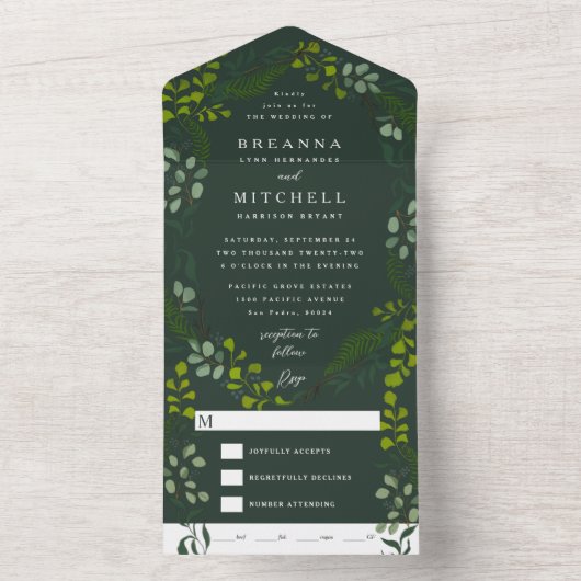 Fern Eucalyptus Hand-Drawn Greenery Dark Green All In One Uitnodiging (Binnen)