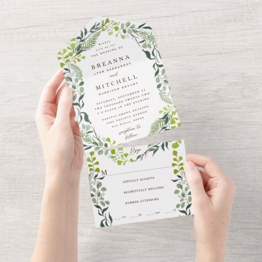 Fern Eucalyptus Hand-Drawn Greenery Wedding All In One Uitnodiging (Afscheurbaar)