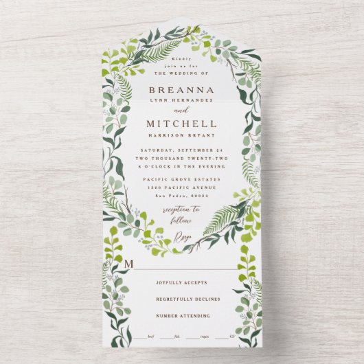 Fern Eucalyptus Hand-Drawn Greenery Wedding All In One Uitnodiging (Binnen)