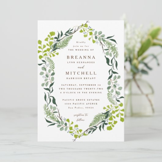 Fern Eucalyptus Hand-Drawn Greenery Wedding Kaart (Staand voorkant)