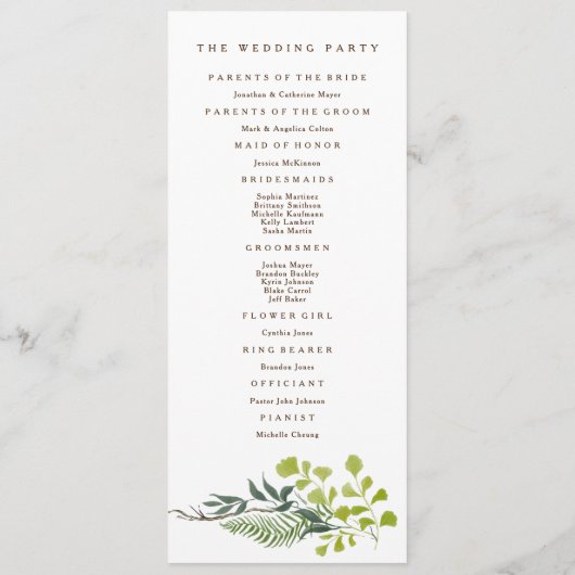 Fern Eucalyptus Hand-Drawn Greenery Wedding Programmakaart (Achterkant)