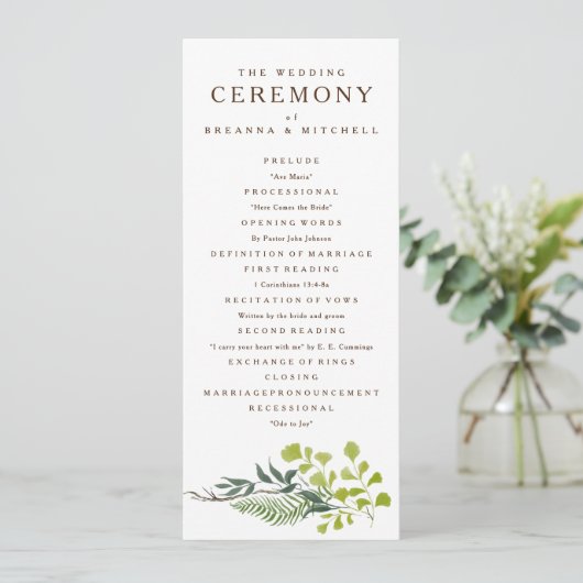 Fern Eucalyptus Hand-Drawn Greenery Wedding Programmakaart (Staand voorkant)