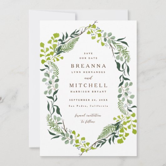 Fern Eucalyptus Hand-Drawn Greenery Wedding Save The Date (Voorkant)