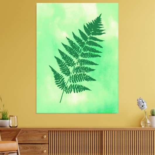 Fern Frond, Green on a Waterverf Background Canvas Afdruk (Insitu (Woonkamer))