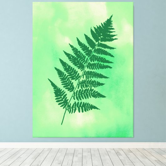 Fern Frond, Green on a Waterverf Background Canvas Afdruk (Insitu (Houten vloer))