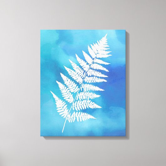 Fern Frond, White on Blue Waterverf Background Canvas Afdruk (Voorkant)